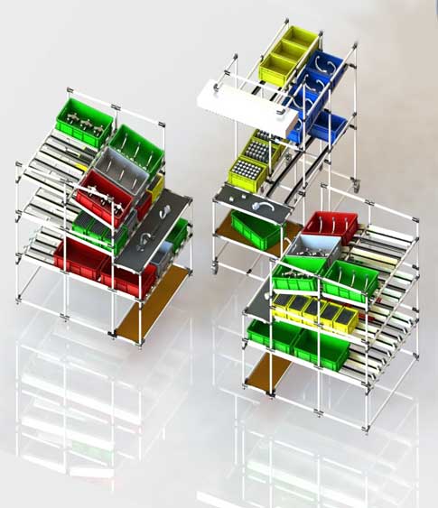 Nell'immagine: Isola di lavoro con tripla postazione di assemblaggio e relativi asservimenti per l'apporvigionamento del materiale.